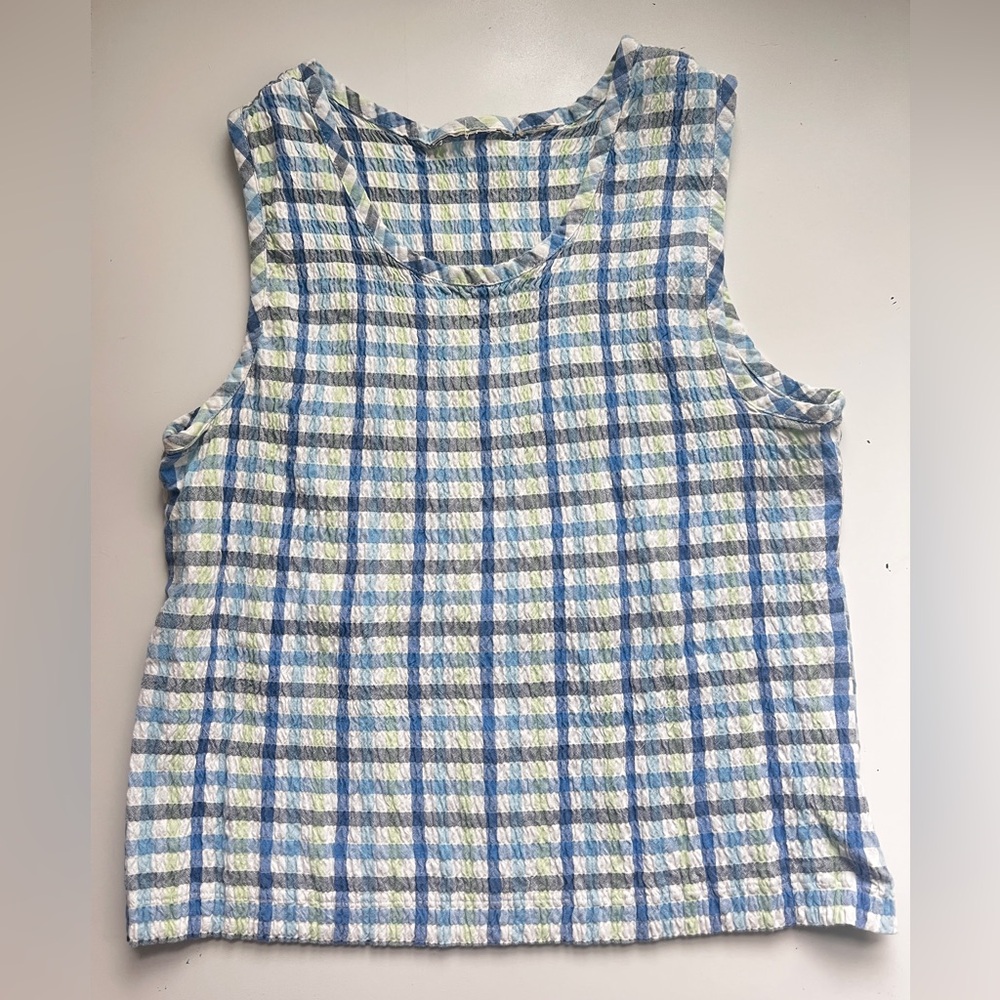 Vintage sea sucker Blue, White & Light Green Plaid Sleeveless Tank